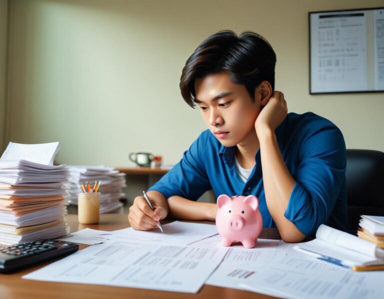 มือวางถังเงินฉุกเฉินเต็มเหรียญ บันทึกงบ 3–6 เดือน เปิดแอป budgeting พร้อมป้าย Ready ใบเสร็จ บิล ฝนตกหน้าต่าง
